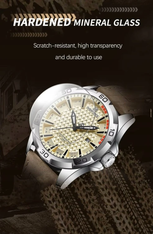 MASYWNY, ZŁOTY ZEGAREK NAVIFORCE NF8023 WOJSKOWY STYL, DATOWNIK