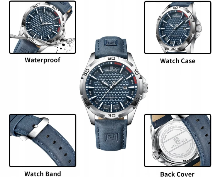 MASYWNY NIEBIESKI ZEGAREK NAVIFORCE NF8023 WOJSKOWY STYL, DATOWNIK