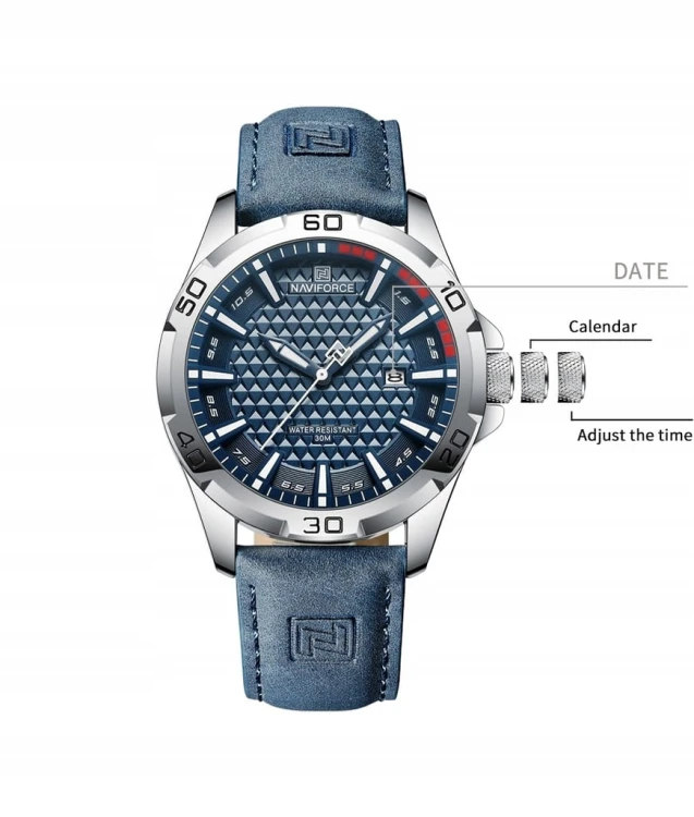 MASYWNY NIEBIESKI ZEGAREK NAVIFORCE NF8023 WOJSKOWY STYL, DATOWNIK