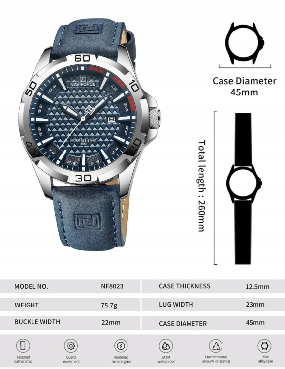 MASYWNY NIEBIESKI ZEGAREK NAVIFORCE NF8023 WOJSKOWY STYL, DATOWNIK