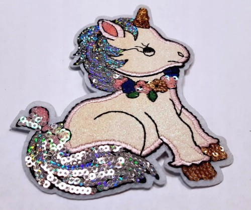 NASZYWKA TERMO HAFTOWANA ŁATKA PATCH -SŁODKI JEDNOROŻEC Z CEKINAMI, UNICORN
