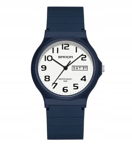 MŁODZIEŻOWY ZEGAREK SANDA, DAY-DATE, LUMINOUS, CZYTELNA TARCZA - NIEBIESKI
