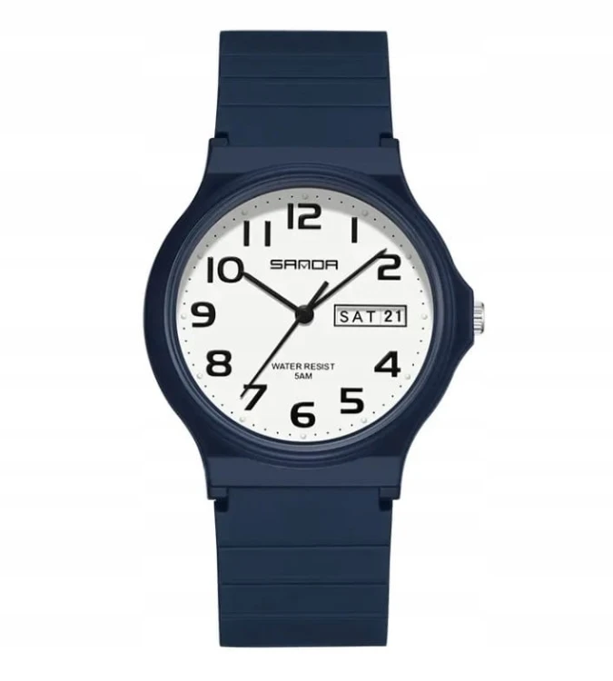 MŁODZIEŻOWY ZEGAREK SANDA, DAY-DATE, LUMINOUS, CZYTELNA TARCZA - NIEBIESKI
