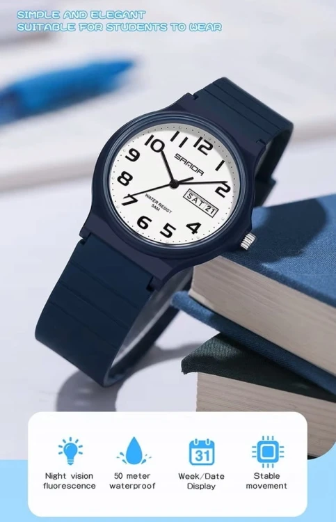 MŁODZIEŻOWY ZEGAREK SANDA, DAY-DATE, LUMINOUS, CZYTELNA TARCZA - NIEBIESKI