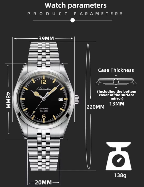 MASYWNY, AUTOMATYCZNY ZEGAREK DIVER MECHANIZM SEIKO NH35A, ADDIESDIVE
