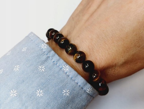 PIĘKNA BRANSOLETKA, NATURALNY KAMIEŃ - TYGRYSIE OKO 8MM, OBWÓD 16-26 CM