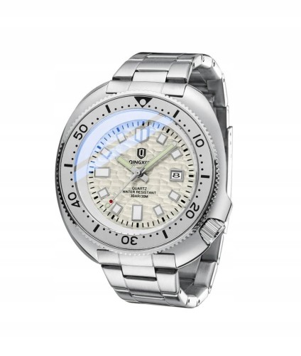 Masywny zegarek luminous na bransolecie, datownik, obrotowy pierścień, stal