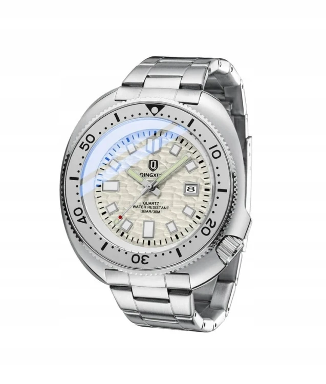 Masywny zegarek luminous na bransolecie, datownik, obrotowy pierścień, stal