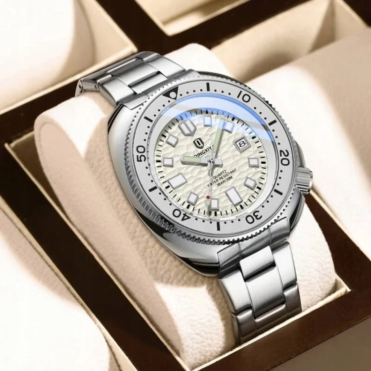 Masywny zegarek luminous na bransolecie, datownik, obrotowy pierścień, stal