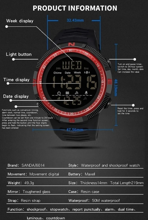 NOWY, CZYTELNY ZEGAREK ELEKTRONICZNY LCD SANDA - WOJSKOWY STYL