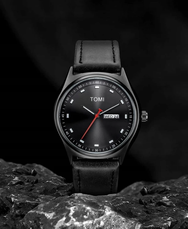 Klasyczny zegarek garniturowy z datownikiem day-date Tomi, gustowne pudełko