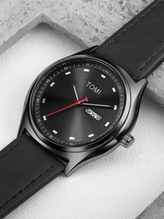 Klasyczny zegarek garniturowy z datownikiem day-date Tomi, gustowne pudełko