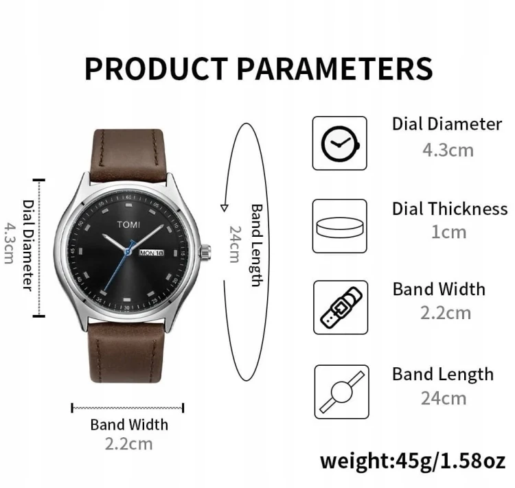 Klasyczny zegarek garniturowy z datownikiem day-date Tomi, gustowne pudełko