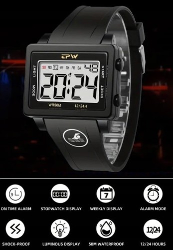 NOWY, MASYWNY I CZYTELNY ZEGAREK ELEKTRONICZNY LCD, TPW - SPORTOWY STYL