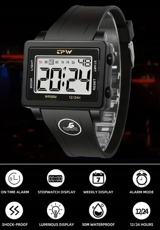 NOWY, MASYWNY I CZYTELNY ZEGAREK ELEKTRONICZNY LCD, TPW - SPORTOWY STYL