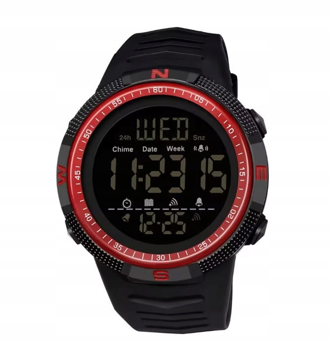 NOWY, CZYTELNY ZEGAREK ELEKTRONICZNY LCD SANDA - WOJSKOWY STYL - RED