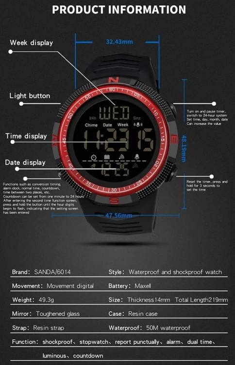 NOWY, CZYTELNY ZEGAREK ELEKTRONICZNY LCD SANDA - WOJSKOWY STYL - RED