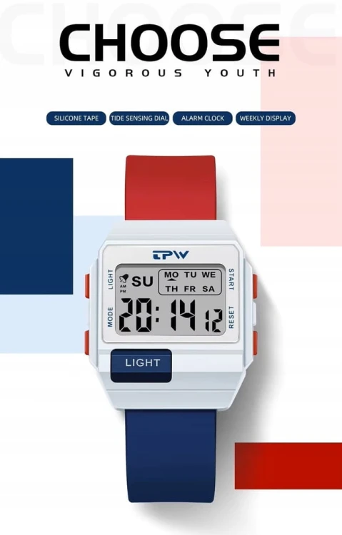 NOWY, MŁODZIEŻOWY, CZYTELNY ZEGAREK ELEKTRONICZNY LCD, TPW - SPORTOWY STYL