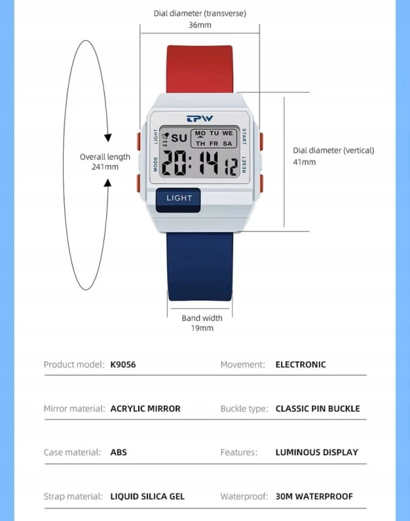 NOWY, MŁODZIEŻOWY, CZYTELNY ZEGAREK ELEKTRONICZNY LCD, TPW - SPORTOWY STYL