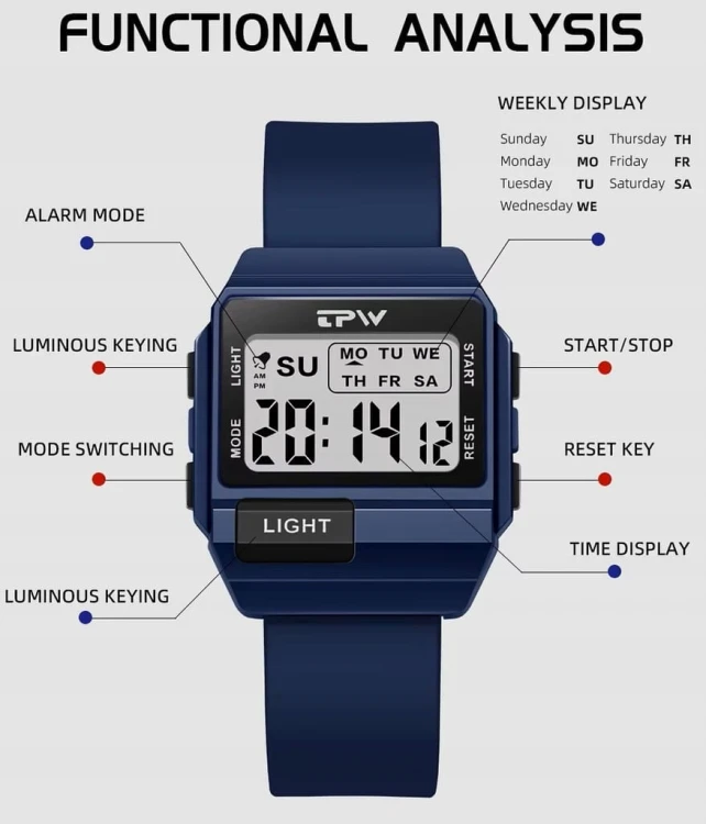 NOWY, MŁODZIEŻOWY, CZYTELNY ZEGAREK ELEKTRONICZNY LCD, TPW - SPORTOWY STYL