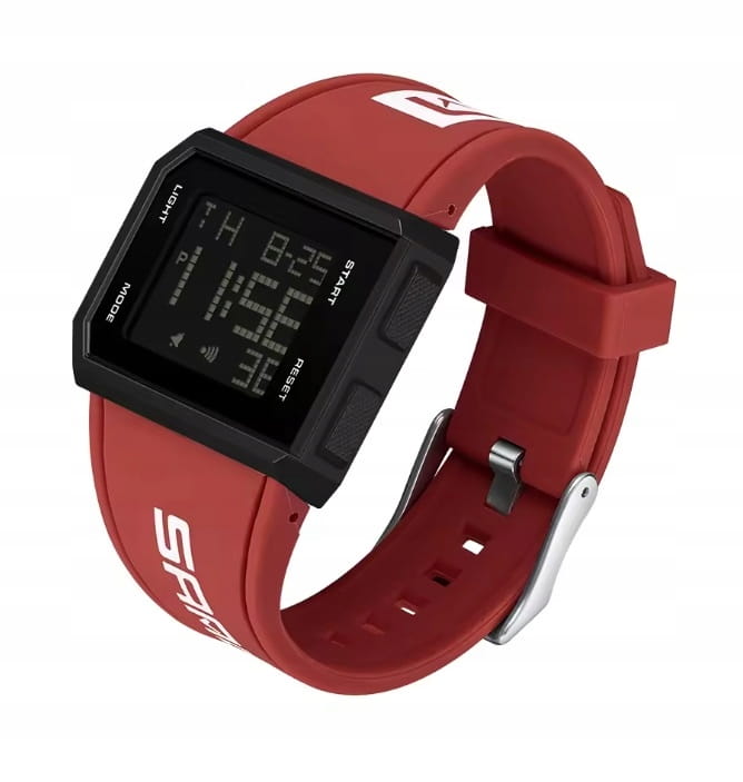 NOWY, CZYTELNY ZEGAREK ELEKTRONICZNY LCD SANDA - SPORTOWY STYL - CZERWONY