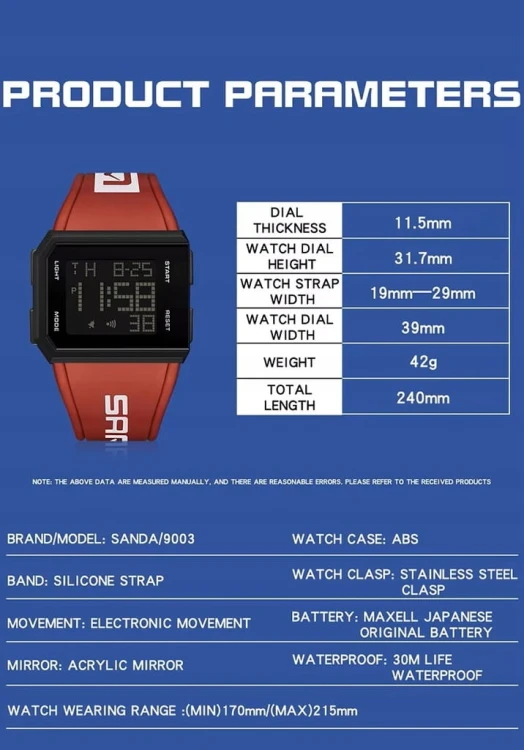 NOWY, CZYTELNY ZEGAREK ELEKTRONICZNY LCD SANDA - SPORTOWY STYL - CZERWONY