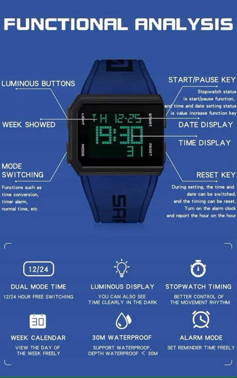 NOWY, CZYTELNY ZEGAREK ELEKTRONICZNY LCD SANDA - SPORTOWY STYL - CZERWONY