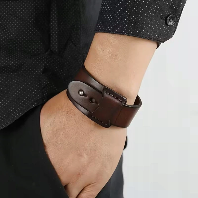 Męska skórzana szeroka bransoleta, skóra naturalna, pasek 19-20cm - brązowy