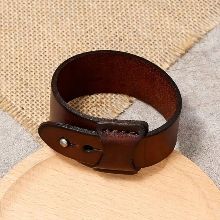 Męska skórzana szeroka bransoleta, skóra naturalna, pasek 19-20cm - brązowy
