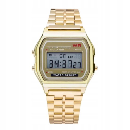 NOWY ZEGAREK ELEKTRONICZNY LCD ZŁOTY - STOPER, ALARM, STYL RETRO