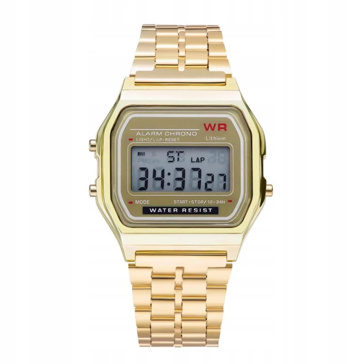 NOWY ZEGAREK ELEKTRONICZNY LCD ZŁOTY - STOPER, ALARM, STYL RETRO