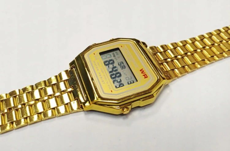 NOWY ZEGAREK ELEKTRONICZNY LCD ZŁOTY - STOPER, ALARM, STYL RETRO