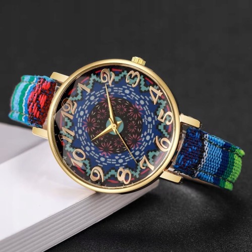 ROMANTYCZNY DAMSKI ZEGAREK BOHO STYL, PRYZMATYCZNE SZKIEŁKO, NIEBIESKI
