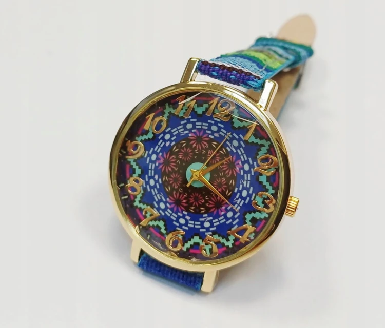ROMANTYCZNY DAMSKI ZEGAREK BOHO STYL, PRYZMATYCZNE SZKIEŁKO, NIEBIESKI