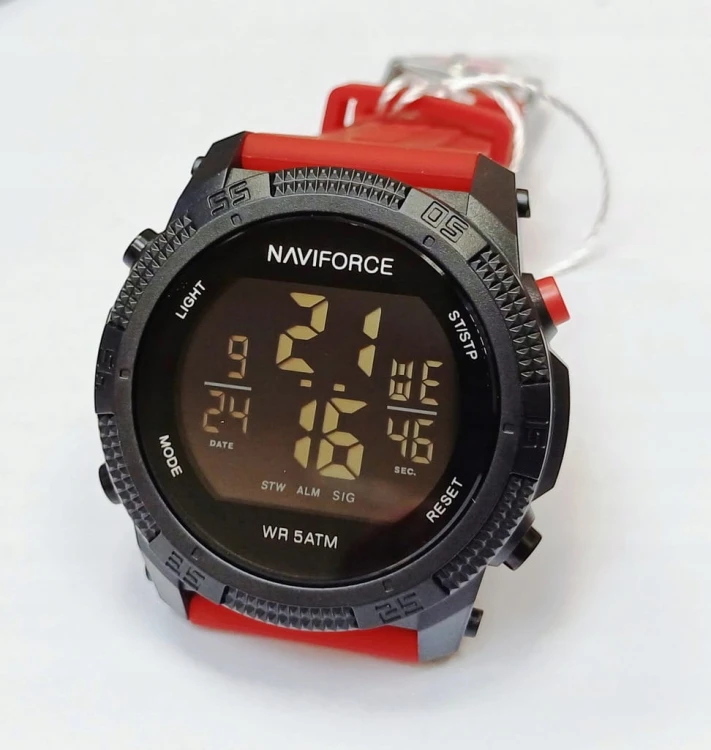 MASYWNY ZEGAREK CYFROWY NAVIFORCE, ELEKTRONICZNY WOJSKOWY STYL - CZERWONY