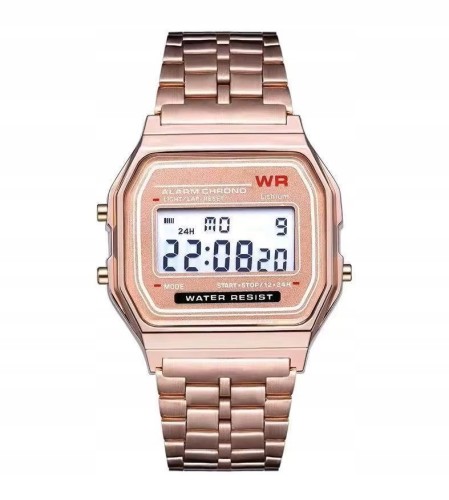 NOWY ZEGAREK ELEKTRONICZNY LCD - STOPER, ALARM, STYL RETRO, RÓŻOWE ZŁOTO