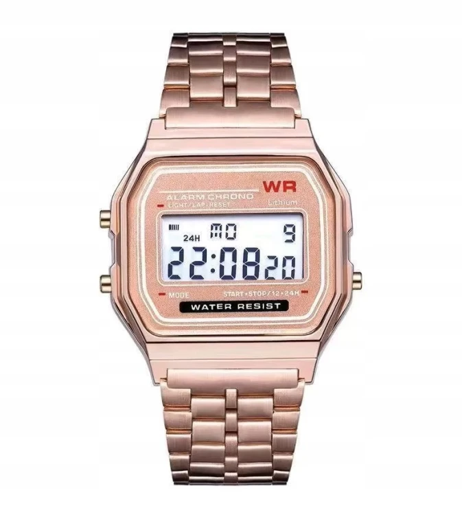 NOWY ZEGAREK ELEKTRONICZNY LCD - STOPER, ALARM, STYL RETRO, RÓŻOWE ZŁOTO