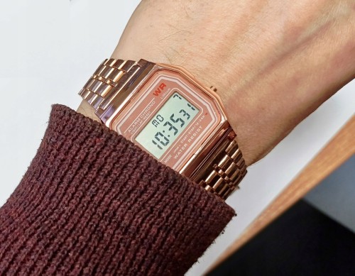 NOWY ZEGAREK ELEKTRONICZNY LCD - STOPER, ALARM, STYL RETRO, RÓŻOWE ZŁOTO