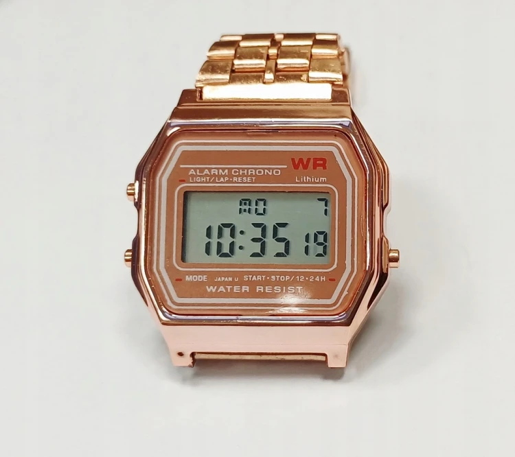NOWY ZEGAREK ELEKTRONICZNY LCD - STOPER, ALARM, STYL RETRO, RÓŻOWE ZŁOTO