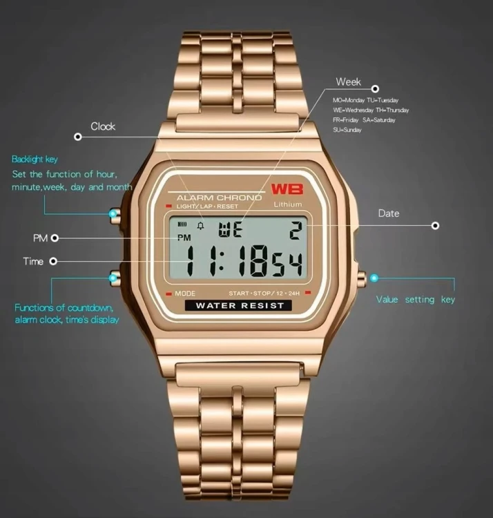NOWY ZEGAREK ELEKTRONICZNY LCD - STOPER, ALARM, STYL RETRO, RÓŻOWE ZŁOTO