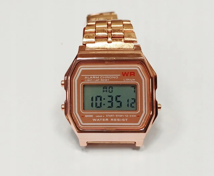 NOWY ZEGAREK ELEKTRONICZNY LCD - STOPER, ALARM, STYL RETRO, RÓŻOWE ZŁOTO