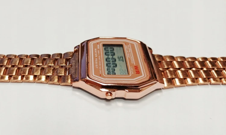 NOWY ZEGAREK ELEKTRONICZNY LCD - STOPER, ALARM, STYL RETRO, RÓŻOWE ZŁOTO