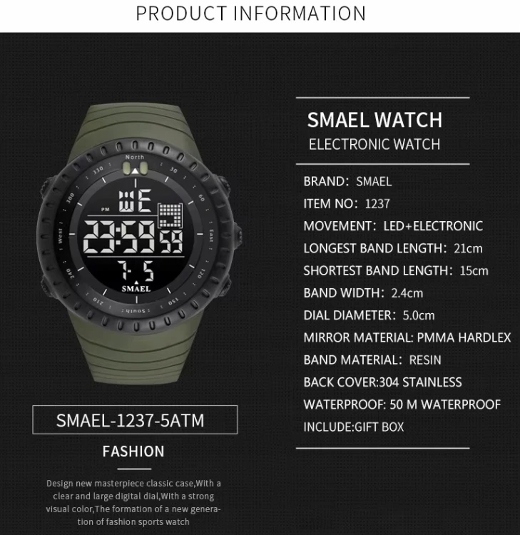 NOWY MASYWNY SPORTOWY ZEGAREK ELEKTRONICZNY SMAEL - WOJSKOWY STYL - ZIELONY