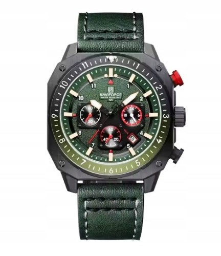 NOWY MASYWNY ZEGAREK NAVIFORCE, WOJSKOWY STYL, DAY-DATE, CHRONOGRAF ZIELONY