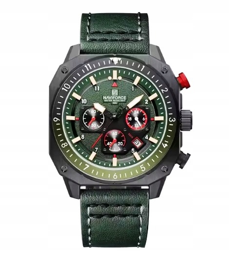 NOWY MASYWNY ZEGAREK NAVIFORCE, WOJSKOWY STYL, DAY-DATE, CHRONOGRAF ZIELONY