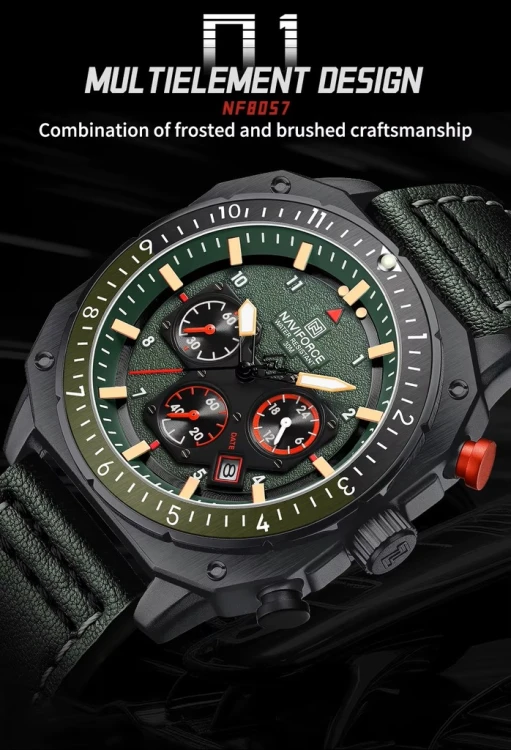 NOWY MASYWNY ZEGAREK NAVIFORCE, WOJSKOWY STYL, DAY-DATE, CHRONOGRAF ZIELONY