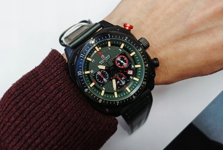 NOWY MASYWNY ZEGAREK NAVIFORCE, WOJSKOWY STYL, DAY-DATE, CHRONOGRAF ZIELONY