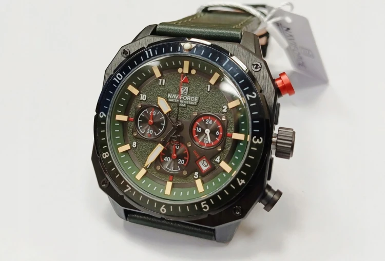 NOWY MASYWNY ZEGAREK NAVIFORCE, WOJSKOWY STYL, DAY-DATE, CHRONOGRAF ZIELONY