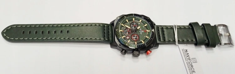 NOWY MASYWNY ZEGAREK NAVIFORCE, WOJSKOWY STYL, DAY-DATE, CHRONOGRAF ZIELONY