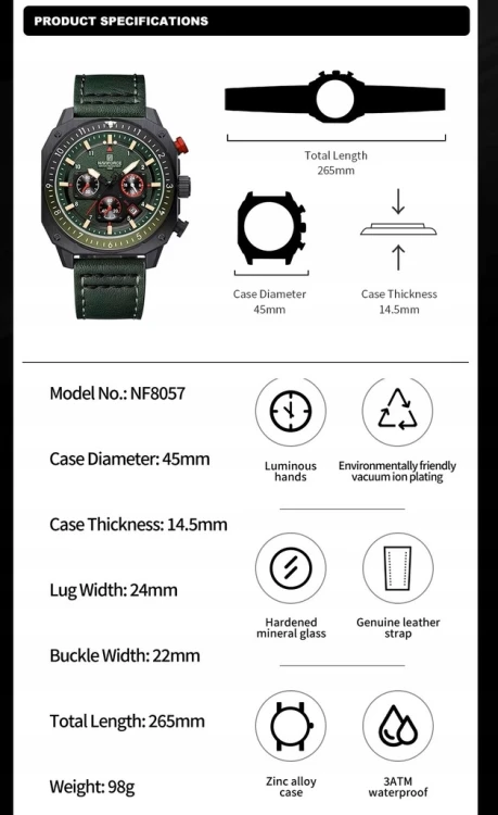 NOWY MASYWNY ZEGAREK NAVIFORCE, WOJSKOWY STYL, DAY-DATE, CHRONOGRAF ZIELONY
